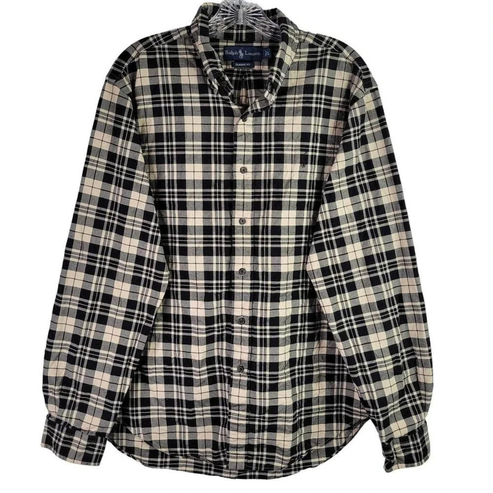 Polo Ralph Lauren Oxford Shirt Men's Large Black Cream Plaid LS Button Down